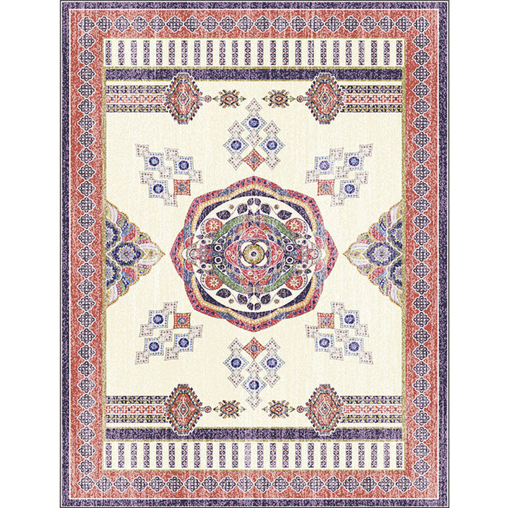 Lisslune | Beige and Red Vintage Carpet Polyester Medallion Pattern Carpet Washable Non-Slip Underlay Carpet for Living Room