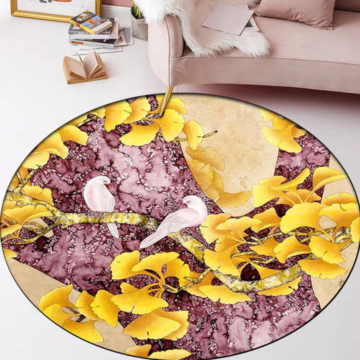 Lisslune | Retro Apricot Leaf Pattern Rug with Bird Yellow and Pink Traditional Rug Polyester Washable Non-Slip Back Rug for the Bedroom
