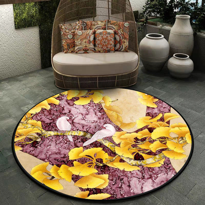 Lisslune | Retro Apricot Leaf Pattern Rug with Bird Yellow and Pink Traditional Rug Polyester Washable Non-Slip Back Rug for the Bedroom