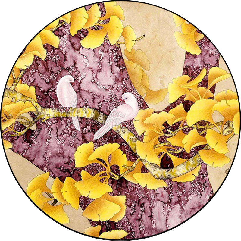Lisslune | Retro Apricot Leaf Pattern Rug with Bird Yellow and Pink Traditional Rug Polyester Washable Non-Slip Back Rug for the Bedroom