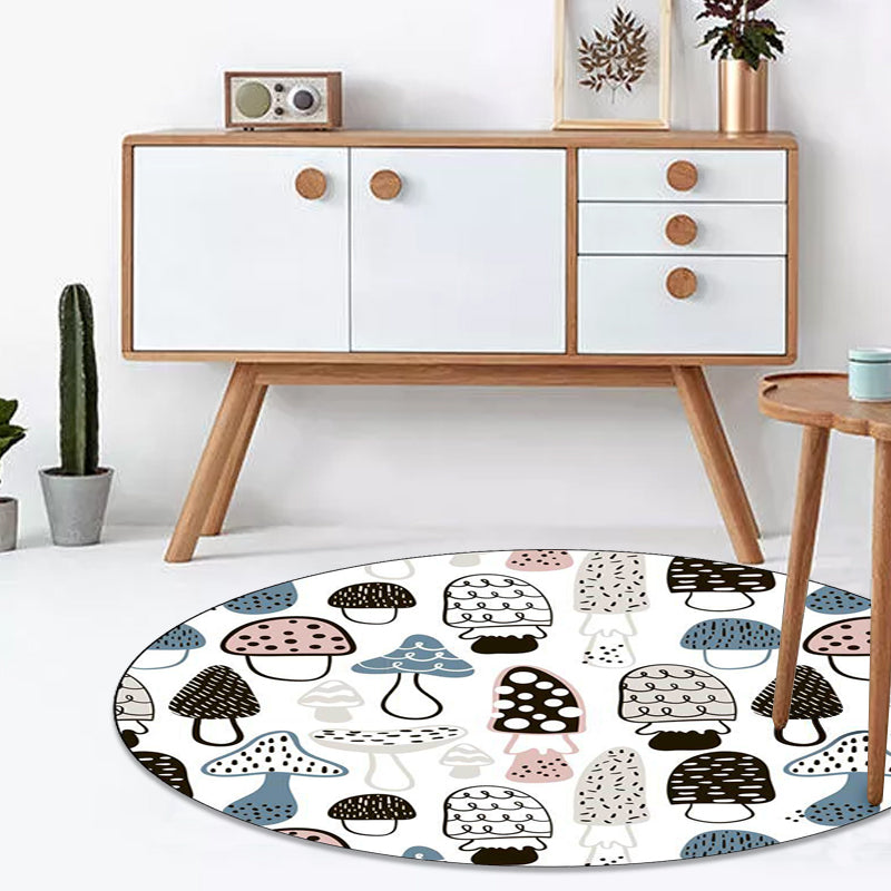 Lisslune | Children's Bedroom Rug in White Botanical Mushroom Print Rug Polyester Non-Slip Back Washable Rug