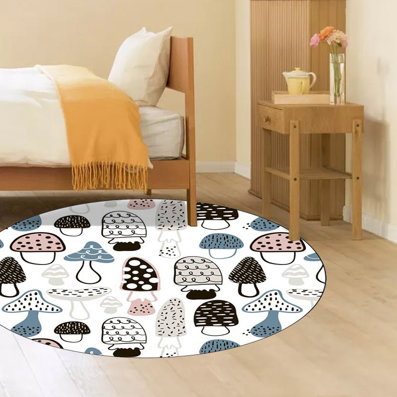 Lisslune | Children's Bedroom Rug in White Botanical Mushroom Print Rug Polyester Non-Slip Back Washable Rug