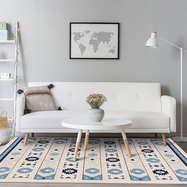 Lisslune | Blue and brown tribal rug striped polyester and tribal pattern rug washable non-slip backing rug for living room