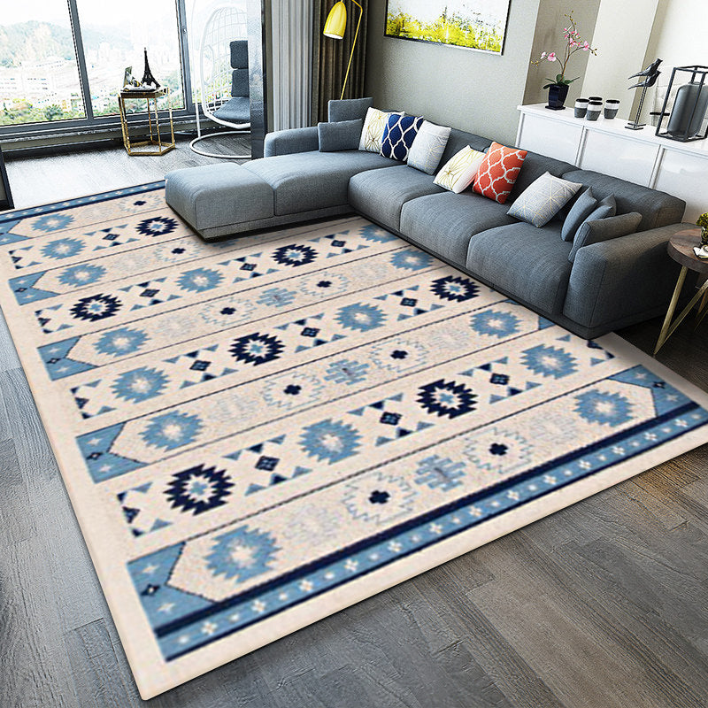 Lisslune | Blue and brown tribal rug striped polyester and tribal pattern rug washable non-slip backing rug for living room