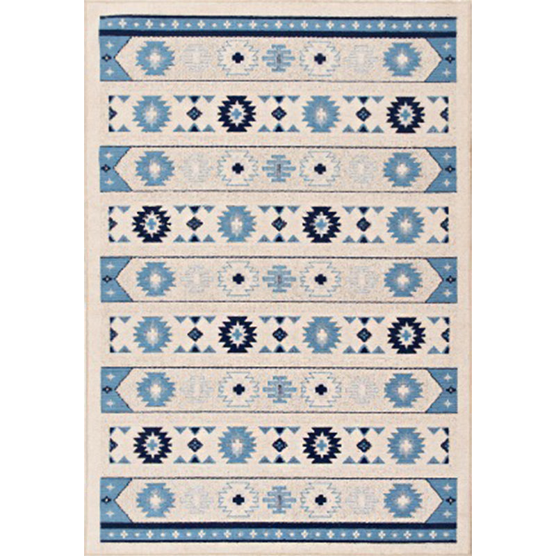 Lisslune | Blue and brown tribal rug striped polyester and tribal pattern rug washable non-slip backing rug for living room