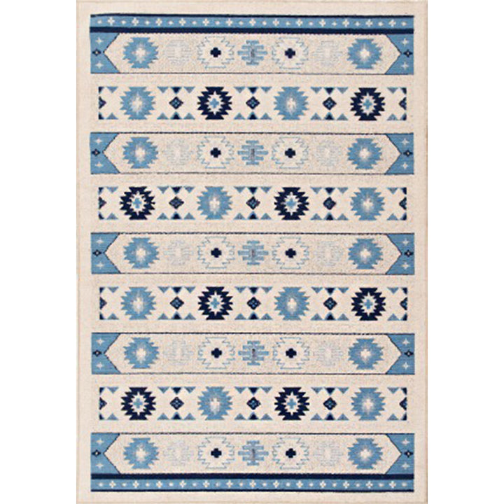 Lisslune | Blue and brown tribal rug striped polyester and tribal pattern rug washable non-slip backing rug for living room