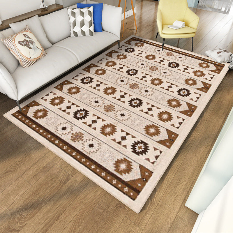 Lisslune | Blue and brown tribal rug striped polyester and tribal pattern rug washable non-slip backing rug for living room