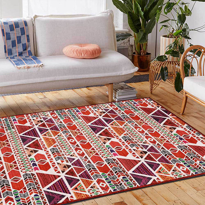 Lisslune | Unique geometric pattern rug Red Vintage rug Polyester Washable Anti-slip mat rug for the bedroom