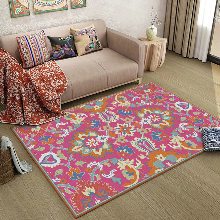 Lisslune | Mediterranean Flower Pattern Carpet Pink Polyester Carpet Machine Washable Non-Slip Area Rug for Living Room