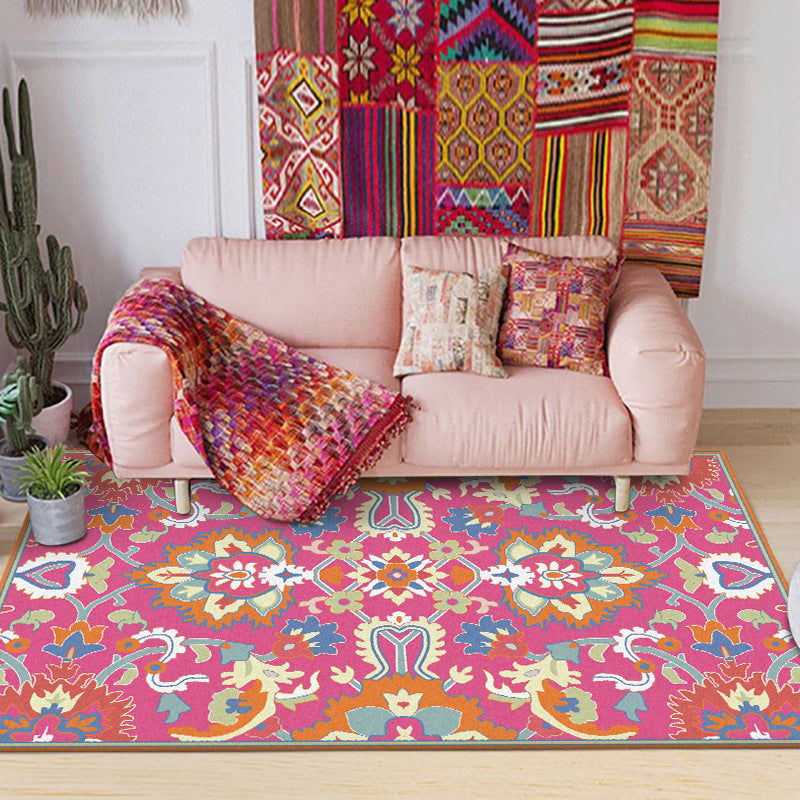 Lisslune | Mediterranean Flower Pattern Carpet Pink Polyester Carpet Machine Washable Non-Slip Area Rug for Living Room