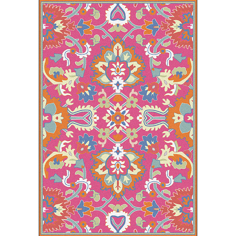 Lisslune | Mediterranean Flower Pattern Carpet Pink Polyester Carpet Machine Washable Non-Slip Area Rug for Living Room