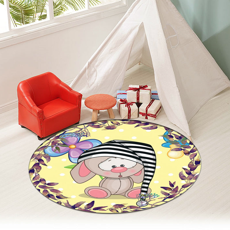 Lisslune | Beautiful cartoon mouse pattern carpet with flower and leaf pattern Yellow children's carpet Polyester Washable Non-slip area rug for the children's room