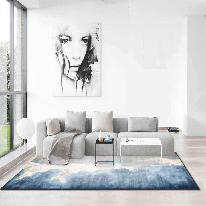 Lisslune | Brown and Blue Oriental Rug Polyester Ink Wash Painting Pattern Rug Washable Non-Slip Back Carpet for Bedroom