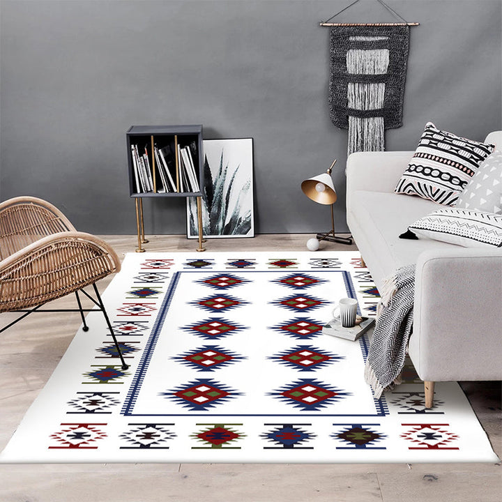 Lisslune | Simple Tribal Pattern Rug White Vintage Rug Polyester Washable Non-Slip Back Rug for Bedroom