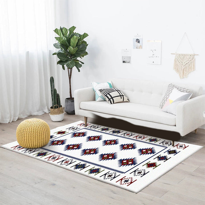 Lisslune | Simple Tribal Pattern Rug White Vintage Rug Polyester Washable Non-Slip Back Rug for Bedroom