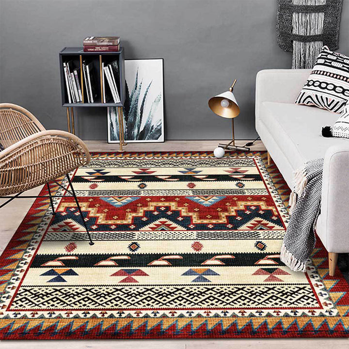 Lisslune | Southwest Tribal Geometric Print Carpet Red Polyester Carpet Machine Washable Non-Slip Blanket for Living Room