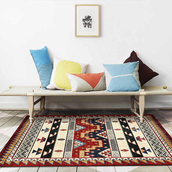 Lisslune | Southwest Tribal Geometric Print Carpet Red Polyester Carpet Machine Washable Non-Slip Blanket for Living Room