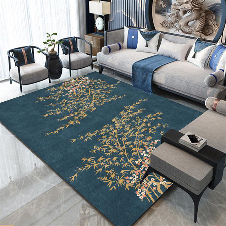 Lisslune | Retro Leaf Pattern Rug Navy Oriental Rug Polyester Washable Non-Slip Back Rug for Bedroom