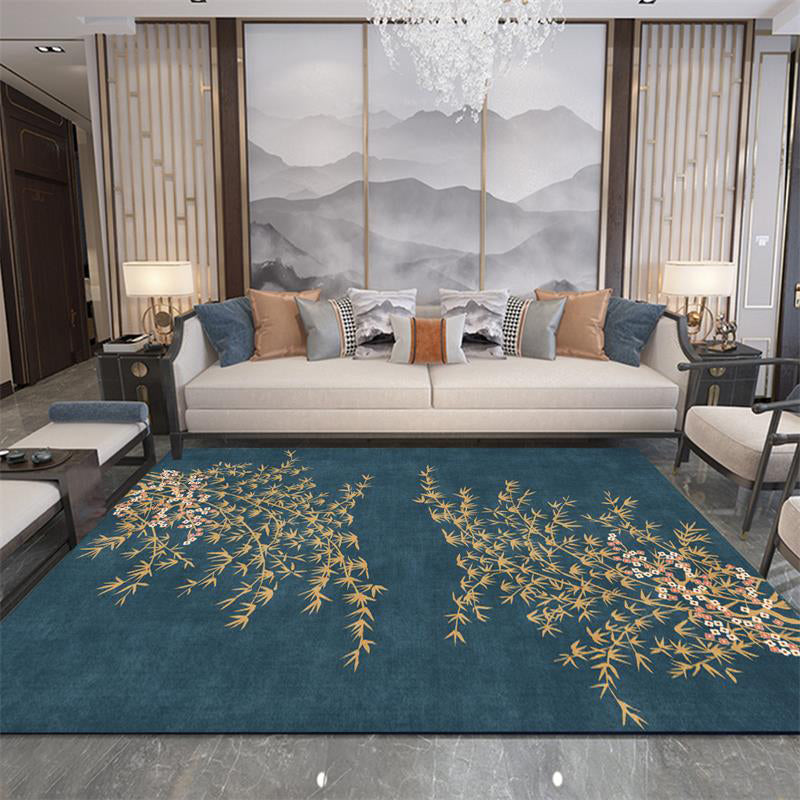 Lisslune | Retro Leaf Pattern Rug Navy Oriental Rug Polyester Washable Non-Slip Back Rug for Bedroom