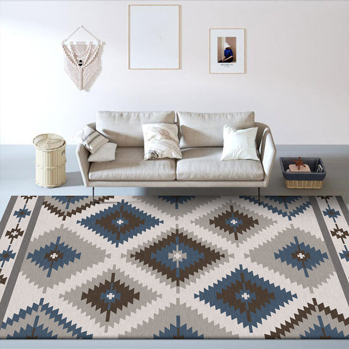 Lisslune | Blue and Gray Southwest Rug Polyester geometric pattern rug washable non-slip bottom rug for living room