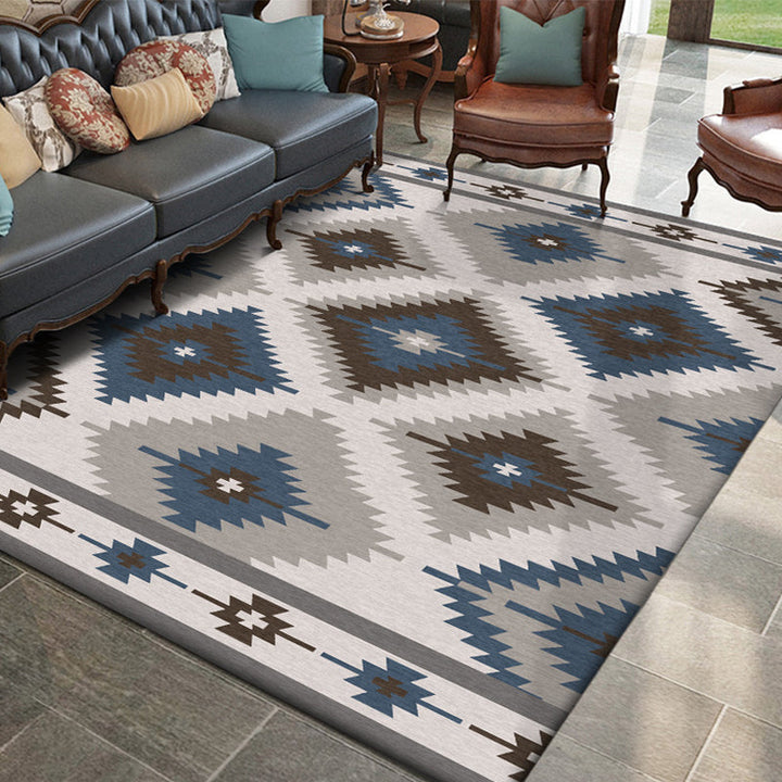 Lisslune | Blue and Gray Southwest Rug Polyester geometric pattern rug washable non-slip bottom rug for living room