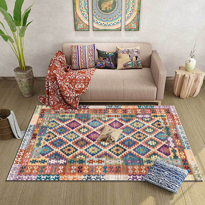 Lisslune | Yellow Persian Carpet Polyester Geometric and Check Pattern Carpet Washable Non-Slip Backing for Living Room