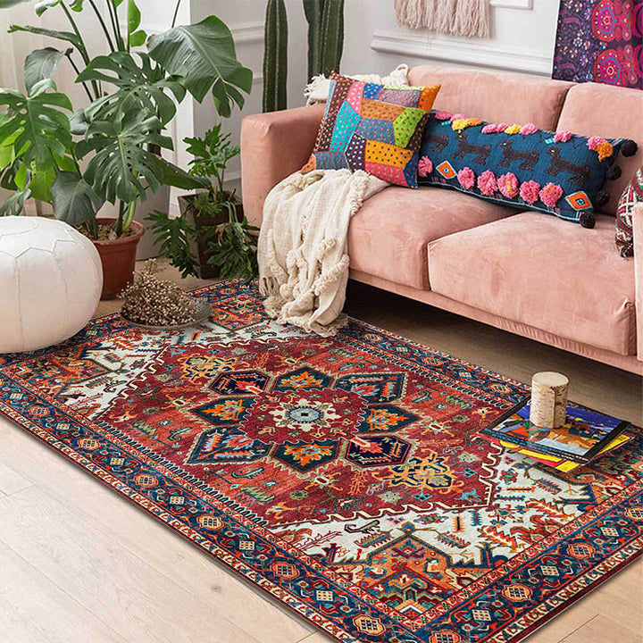 Lisslune | Retro Medallion Pattern Carpet Red Persian Carpet Polyester Machine Washable Non-Slip Area Rug for Bedroom