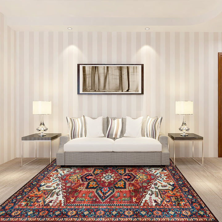 Lisslune | Retro Medallion Pattern Carpet Red Persian Carpet Polyester Machine Washable Non-Slip Area Rug for Bedroom