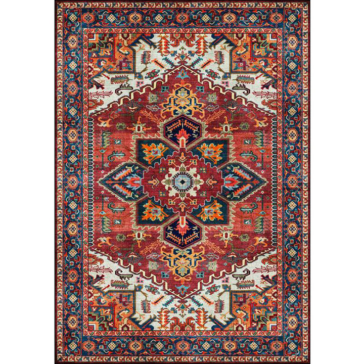 Lisslune | Retro Medallion Pattern Carpet Red Persian Carpet Polyester Machine Washable Non-Slip Area Rug for Bedroom