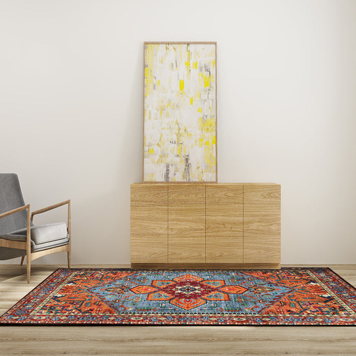 Lisslune | Retro Medallion Pattern Carpet Red Persian Carpet Polyester Machine Washable Non-Slip Area Rug for Bedroom