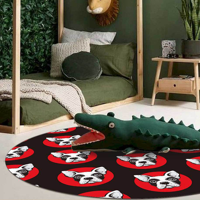Lisslune | Kids Bedroom Rug in Black Animal Dog Dots Print Rug Polyester Stain Resistant Pet Friendly Area Rug