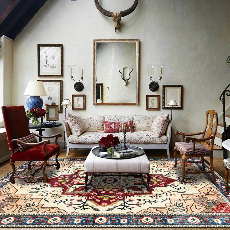 Lisslune | Moroccan Medallion Print Rug Light Brown Polyester Rug Machine Washable Non-Slip From the Floor for the Living Room