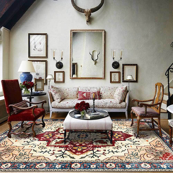Lisslune | Moroccan Medallion Print Rug Light Brown Polyester Rug Machine Washable Non-Slip From the Floor for the Living Room