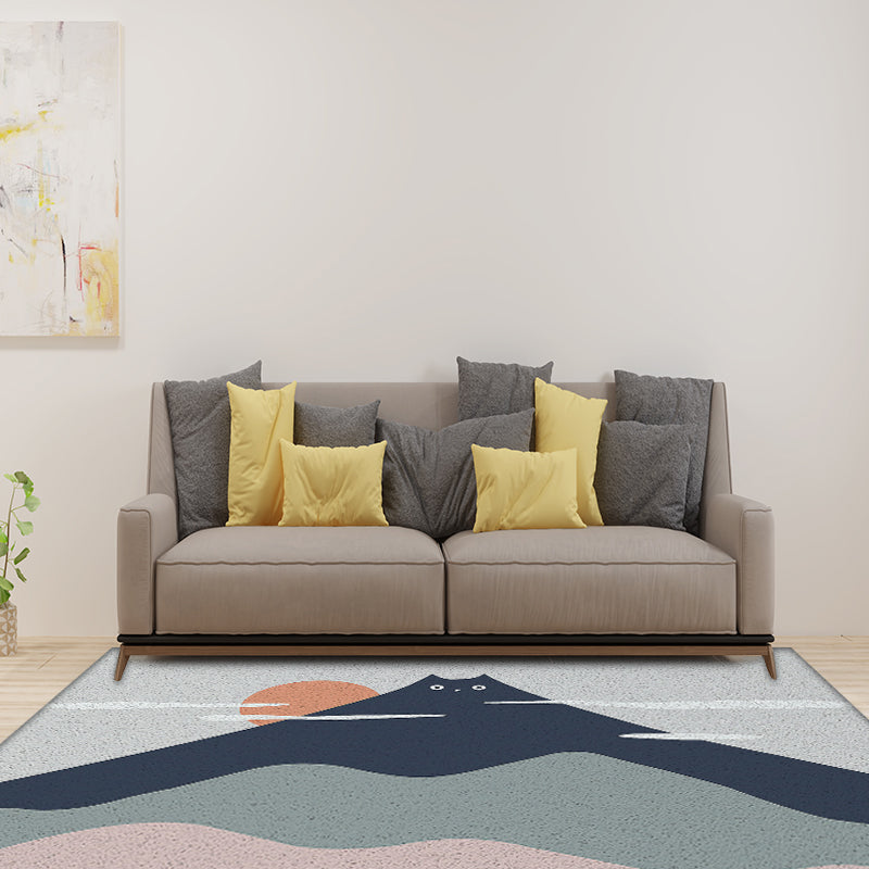 Lisslune | Green and Gray Children's Mat Vinyl Cat Mountains Print Carpet Washable Nonslip Back Rug for Children's Room