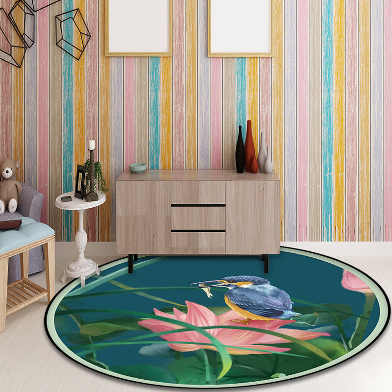 Lisslune | Vintage Lotus Pattern Carpet with Bird and Leaf Green Polyester Carpet Machine Washable Non-Slip Area Rug for Living Room