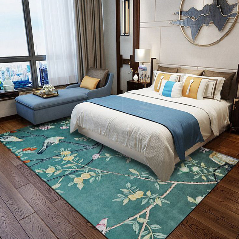 Lisslune | Retro Leaf Pattern Carpet with floral and bird green Oriental carpet washable polyester non-slip underlay carpet for bedroom
