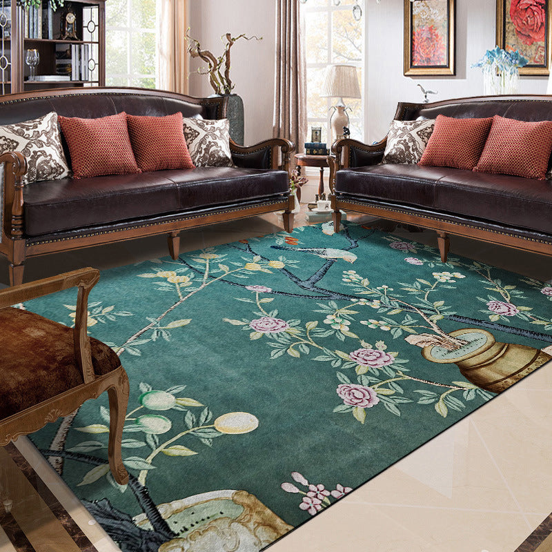 Lisslune | Retro Leaf Pattern Carpet with floral and bird green Oriental carpet washable polyester non-slip underlay carpet for bedroom