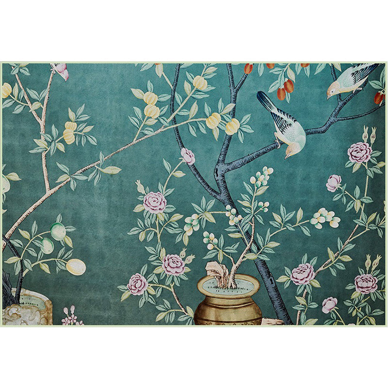 Lisslune | Retro Leaf Pattern Carpet with floral and bird green Oriental carpet washable polyester non-slip underlay carpet for bedroom