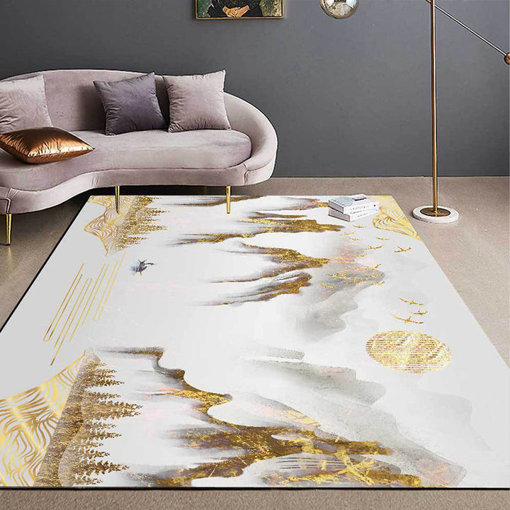 Lisslune | Retro Mountain Pattern Carpet with Character and Bird Golden Eastern Carpet Polyester Washable Non-Slip Backing Area Rug for Living Room