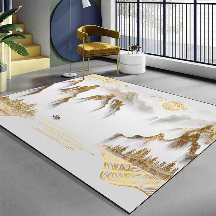Lisslune | Retro Mountain Pattern Carpet with Character and Bird Golden Eastern Carpet Polyester Washable Non-Slip Backing Area Rug for Living Room