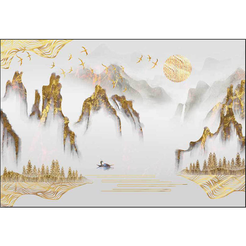 Lisslune | Retro Mountain Pattern Carpet with Character and Bird Golden Eastern Carpet Polyester Washable Non-Slip Backing Area Rug for Living Room