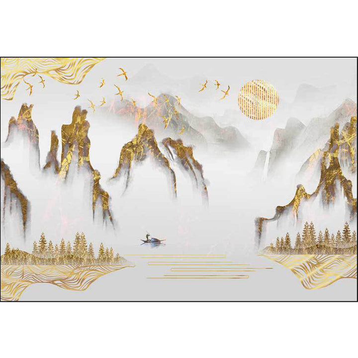 Lisslune | Retro Mountain Pattern Carpet with Character and Bird Golden Eastern Carpet Polyester Washable Non-Slip Backing Area Rug for Living Room