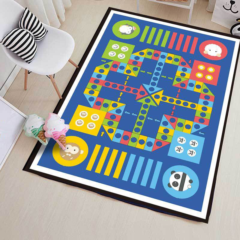 Lisslune | Blue Children's Room Carpet Children Educational Ludo Pattern Area Rug Polyester Pet Friendly Washable Rug