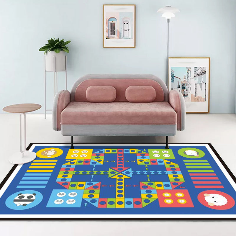 Lisslune | Blue Children's Room Carpet Children Educational Ludo Pattern Area Rug Polyester Pet Friendly Washable Rug
