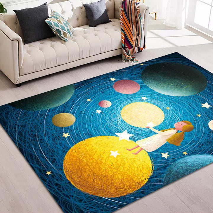 Lisslune | Beautiful children's rug in blue with planet patterns in space, polyester, non-slip, washable, rug for the children's room