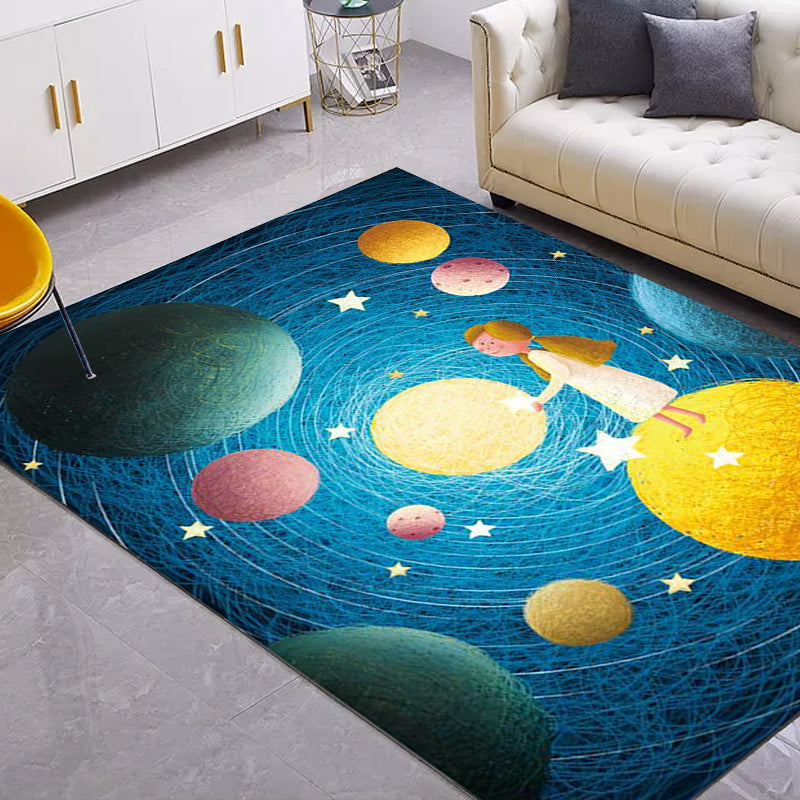 Lisslune | Beautiful children's rug in blue with planet patterns in space, polyester, non-slip, washable, rug for the children's room