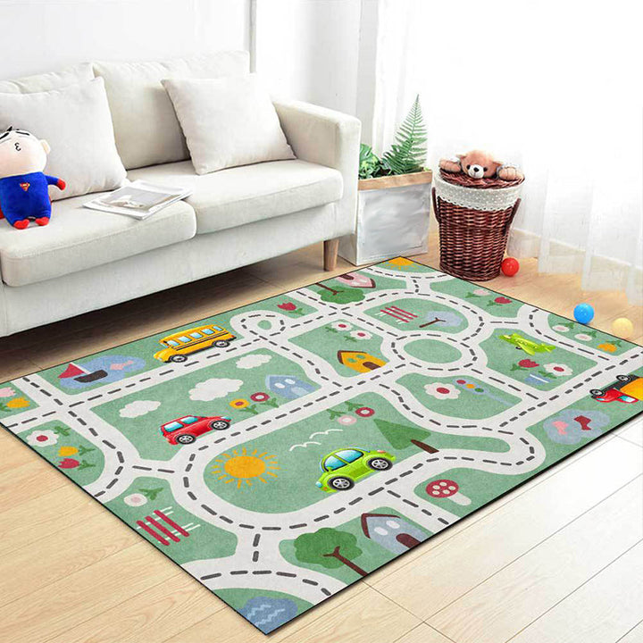 Lisslune | Beautiful children's carpet in green with cars & roads, house, flowers, tree pattern, polyester, pet-friendly carpet for the children's room