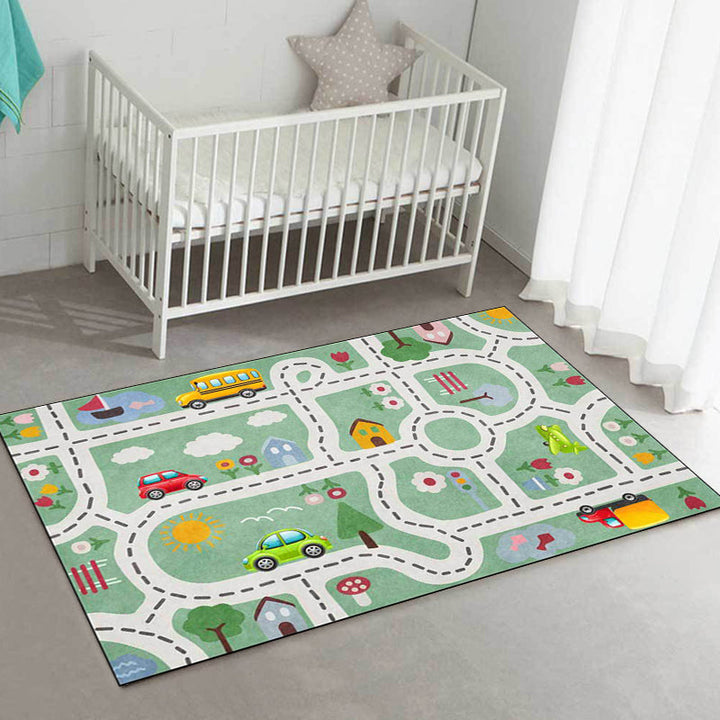 Lisslune | Beautiful children's carpet in green with cars & roads, house, flowers, tree pattern, polyester, pet-friendly carpet for the children's room