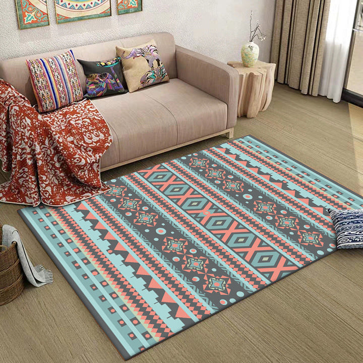 Lisslune | Z southwest tribal striped print rug blue and green polyester rug machine washable non-slip living room rug for living room