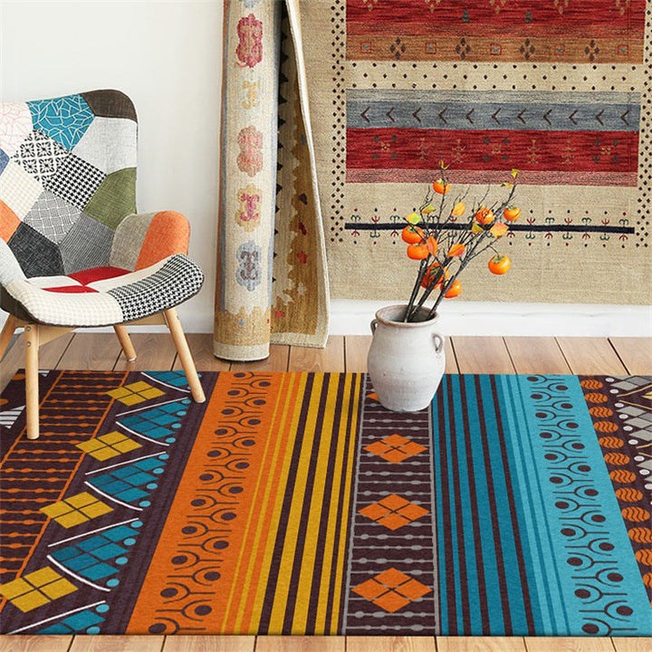 Lisslune | Stamm geometric striped pattern rug brown and blue vintage rug polyester washable non-slip backing rug for bedroom